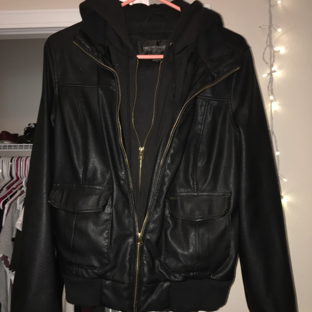 OBEY fleece-lined leather jacket